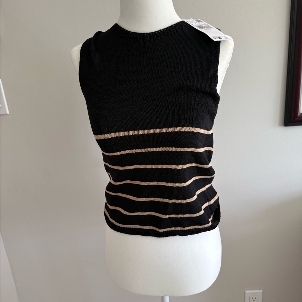 Mango Black and Tan Striped Sleeveless Sweater Top